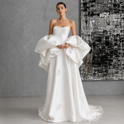 Ivory Satin Sculptural Bridal Gown - Dramatic Puff Sleeve Couture Wedding Dress