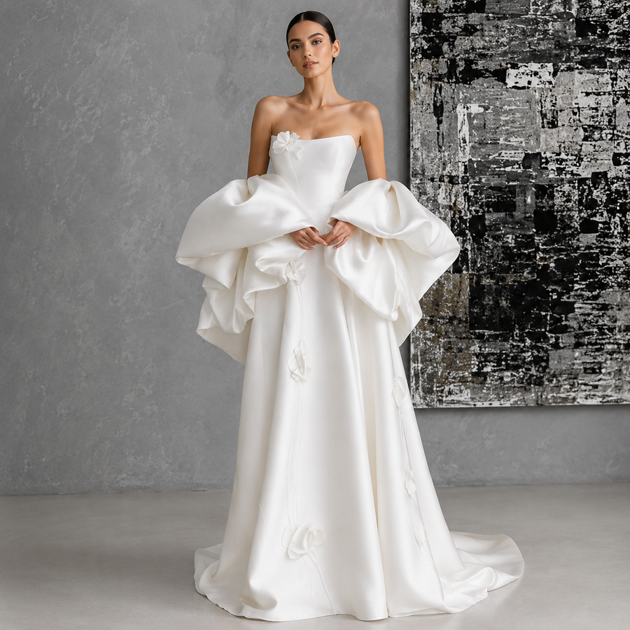 Ivory Satin Sculptural Bridal Gown - Dramatic Puff Sleeve Couture Wedding Dress