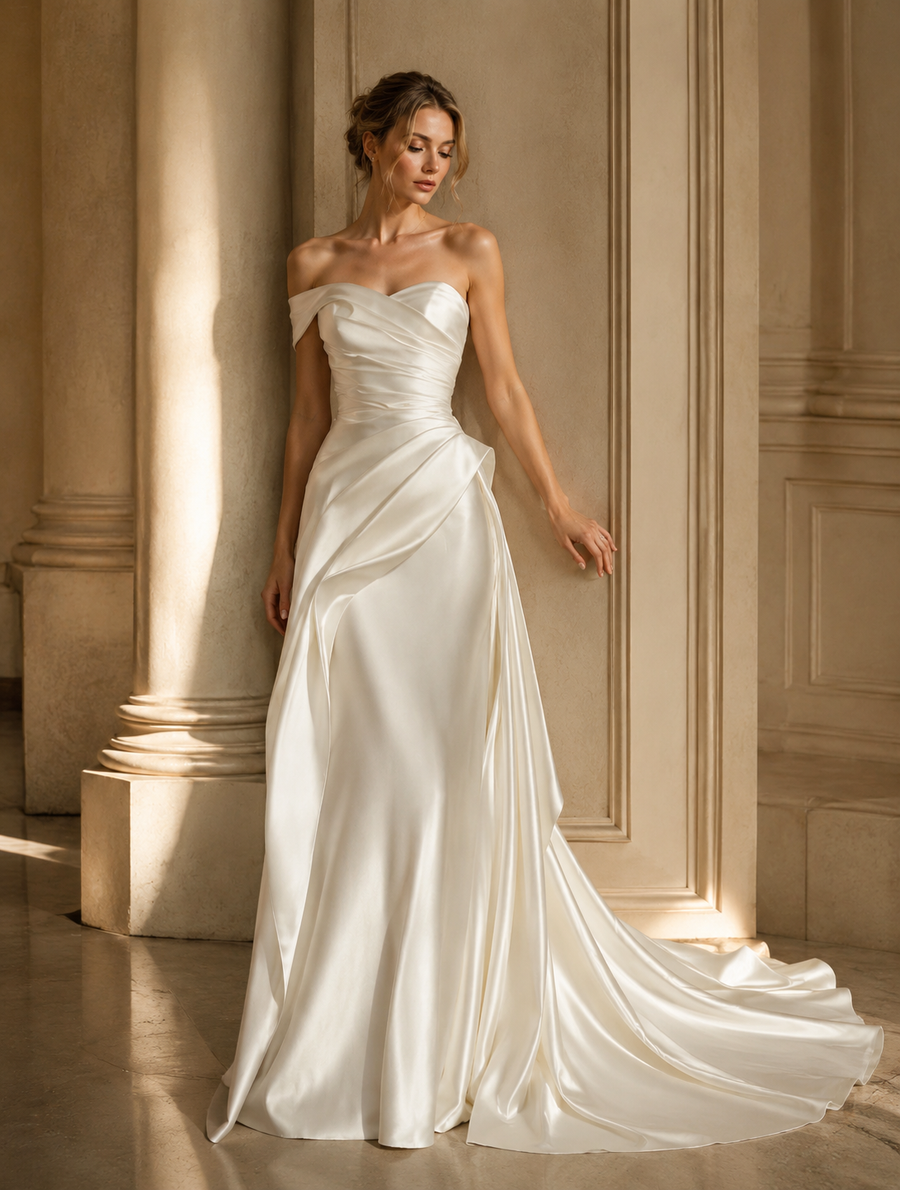 Ivory Sculpted Satin Bridal Gown - Asymmetrical Draped Couture Wedding Dress with Cathedral Train