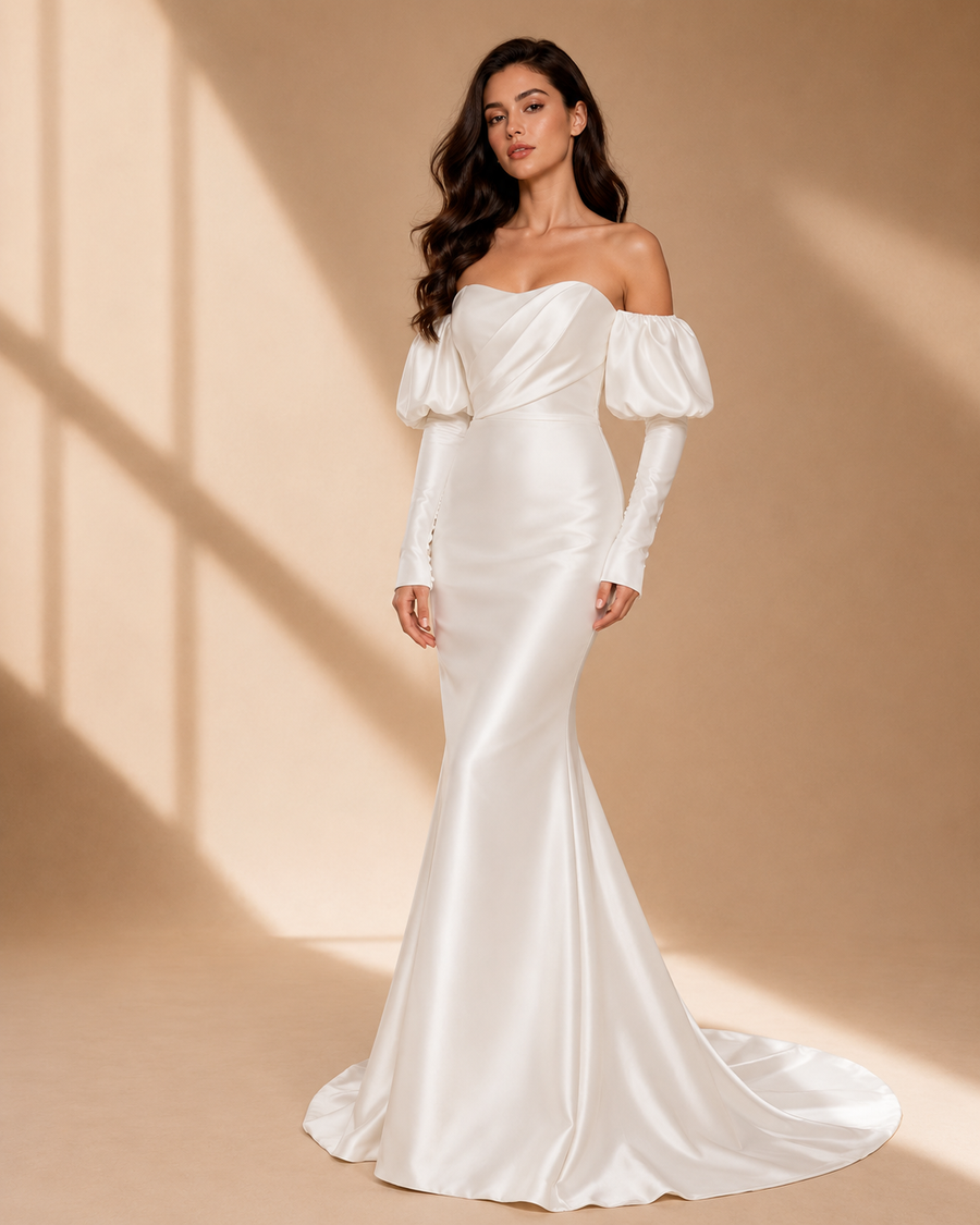 Elegant pearl satin off-shoulder mermaid wedding dress with puff sleeves and fishtail hem