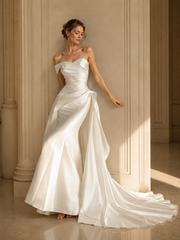 Ivory Sculpted Satin Bridal Gown - Asymmetrical Draped Couture Wedding Dress with Cathedral Train