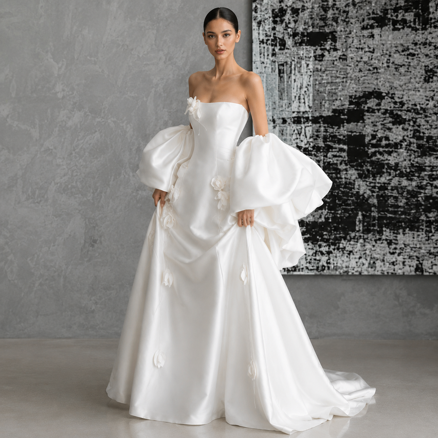 Ivory Satin Sculptural Bridal Gown - Dramatic Puff Sleeve Couture Wedding Dress