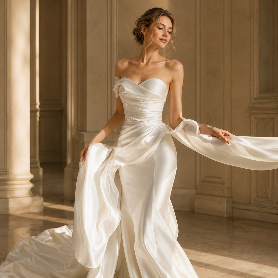 Ivory Sculpted Satin Bridal Gown - Asymmetrical Draped Couture Wedding Dress with Cathedral Train