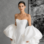 Ivory Satin Sculptural Bridal Gown - Dramatic Puff Sleeve Couture Wedding Dress