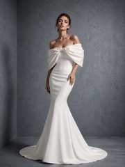 Ivory Sculpted Bow Mermaid Wedding Gown - Off Shoulder Couture Satin Bridal Dress with Dramatic Back Statement