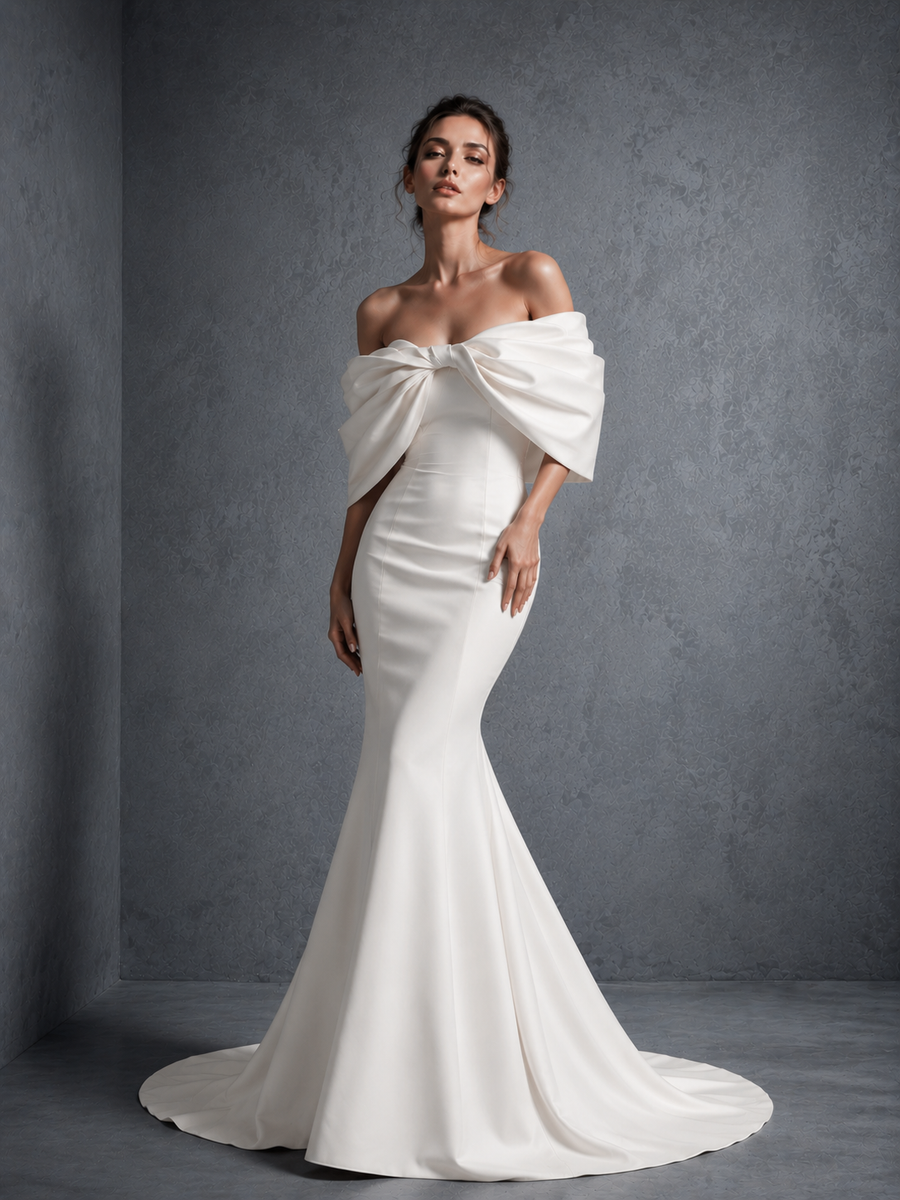 Ivory Sculpted Bow Mermaid Wedding Gown - Off Shoulder Couture Satin Bridal Dress with Dramatic Back Statement
