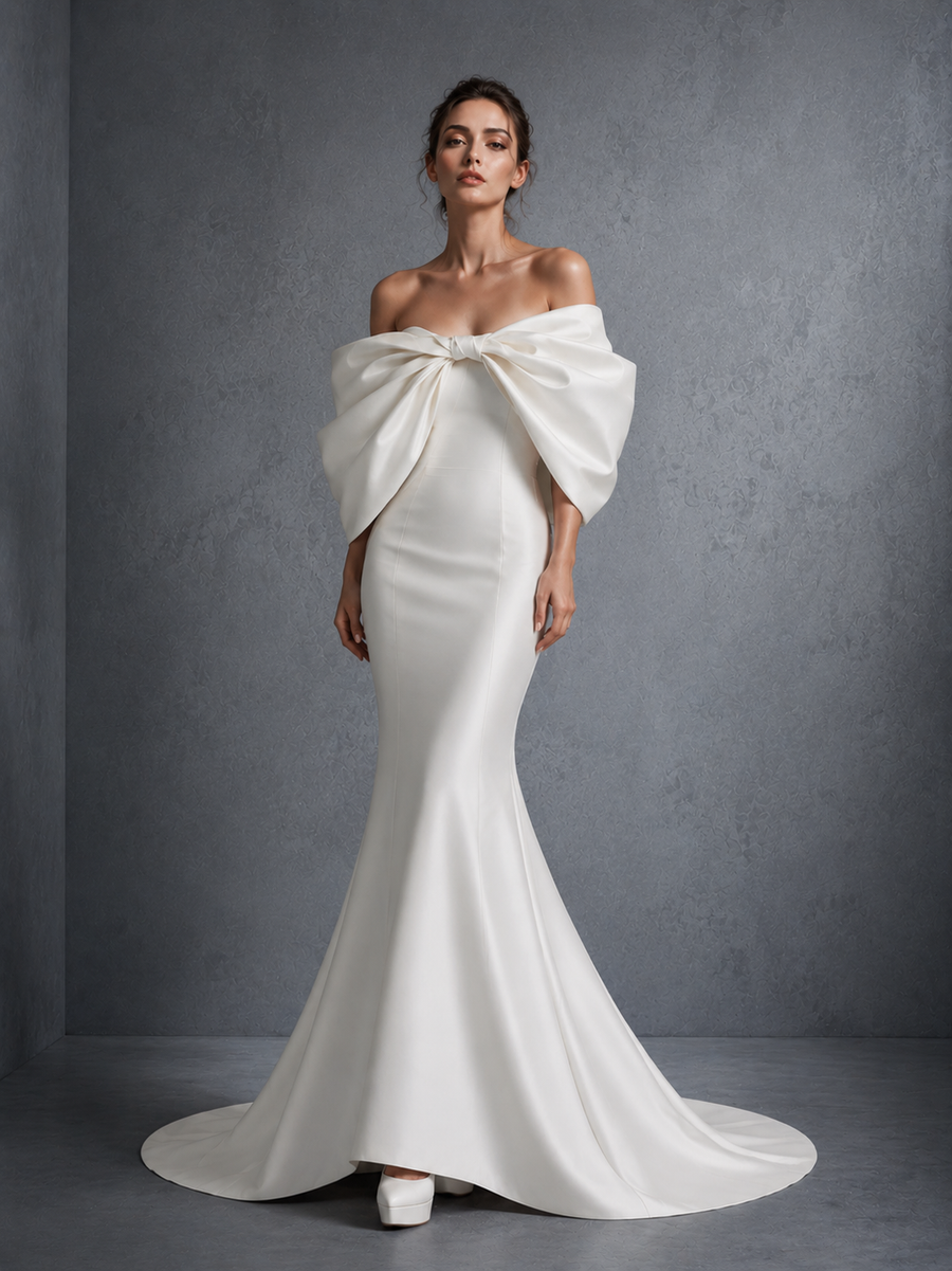 Ivory Sculpted Bow Mermaid Wedding Gown - Off Shoulder Couture Satin Bridal Dress with Dramatic Back Statement