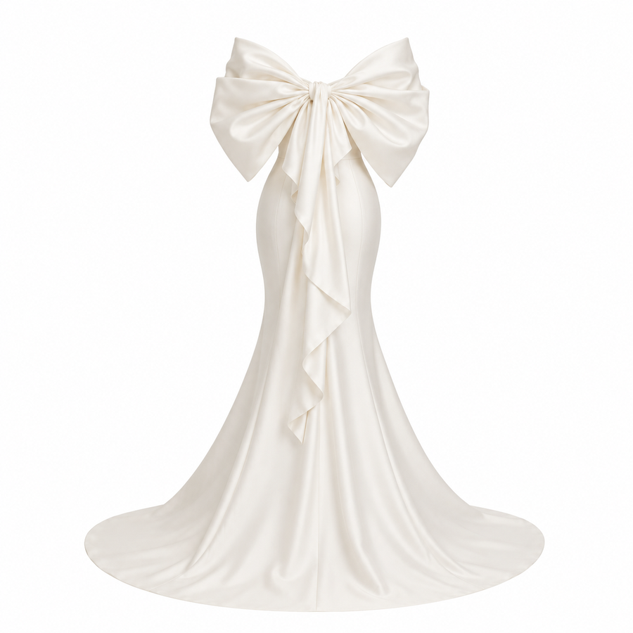 Ivory Sculpted Bow Mermaid Wedding Gown - Off Shoulder Couture Satin Bridal Dress with Dramatic Back Statement