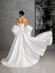Ivory Satin Sculptural Bridal Gown - Dramatic Puff Sleeve Couture Wedding Dress