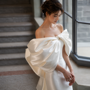 Ivory Sculpted Bow Mermaid Wedding Gown - Off Shoulder Couture Satin Bridal Dress with Dramatic Back Statement