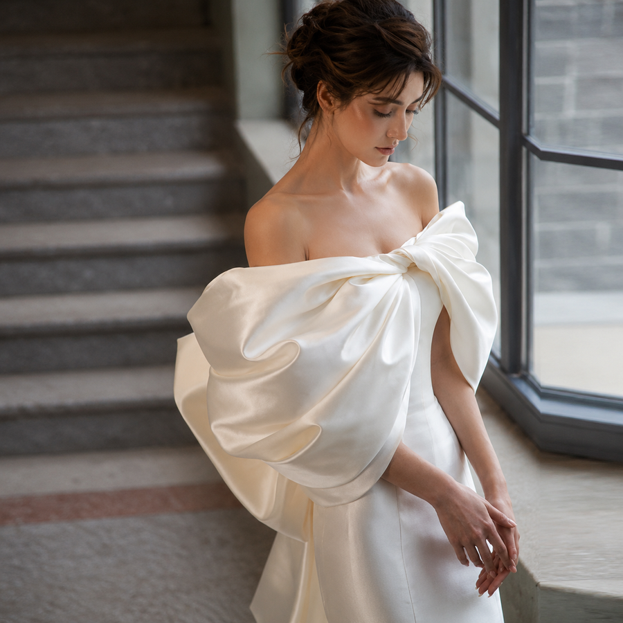 Ivory Sculpted Bow Mermaid Wedding Gown - Off Shoulder Couture Satin Bridal Dress with Dramatic Back Statement