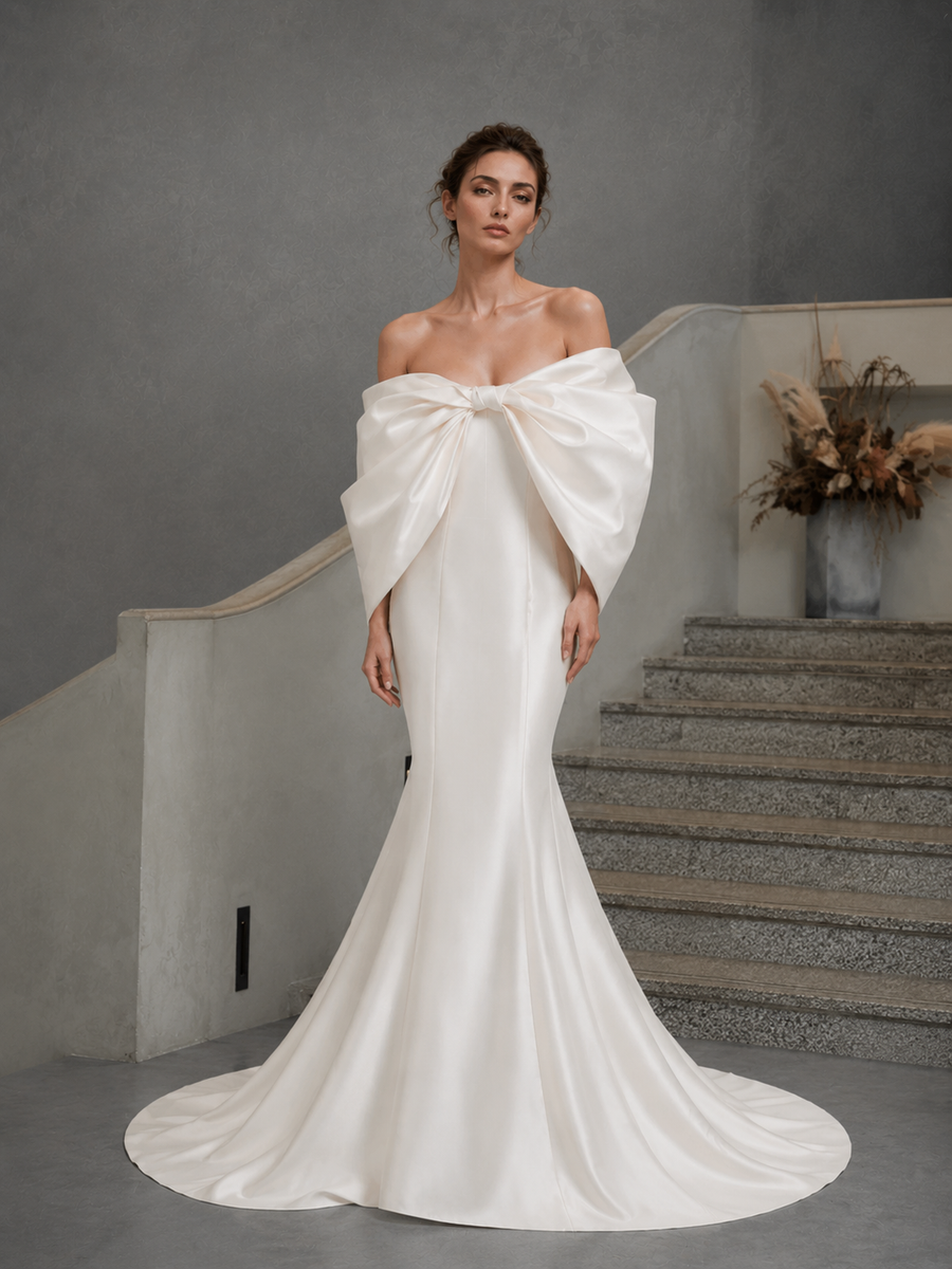 Ivory Sculpted Bow Mermaid Wedding Gown - Off Shoulder Couture Satin Bridal Dress with Dramatic Back Statement