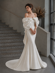 Ivory Sculpted Bow Mermaid Wedding Gown - Off Shoulder Couture Satin Bridal Dress with Dramatic Back Statement
