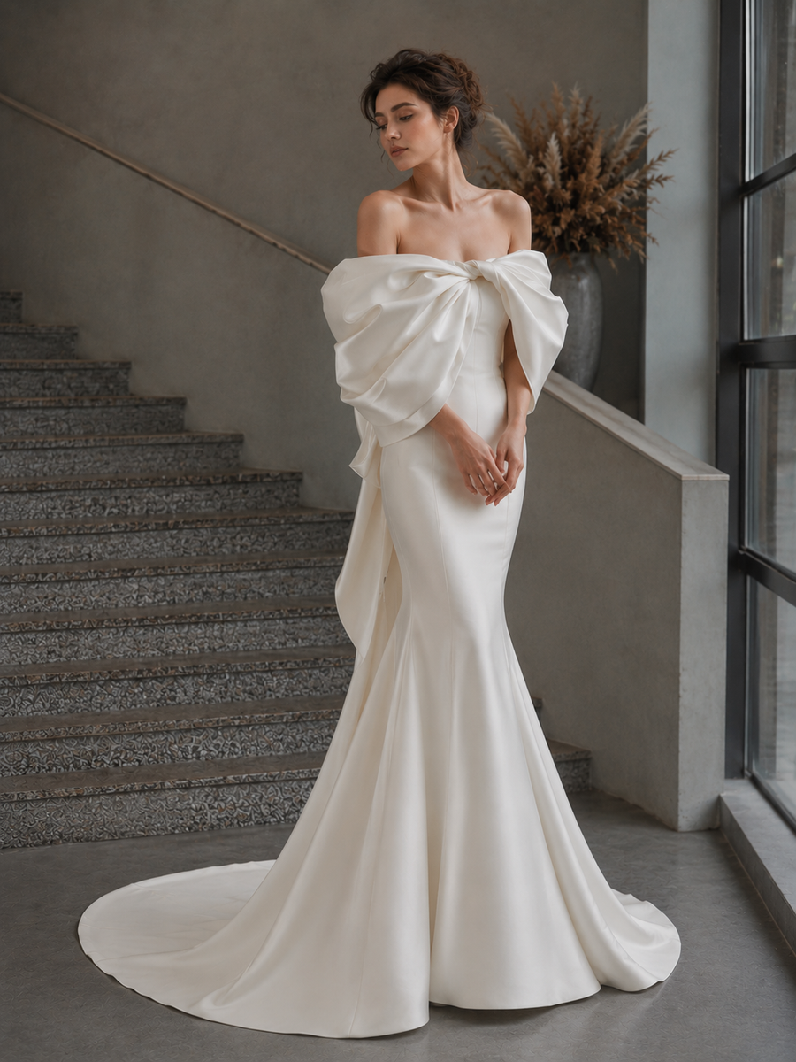 Ivory Sculpted Bow Mermaid Wedding Gown - Off Shoulder Couture Satin Bridal Dress with Dramatic Back Statement