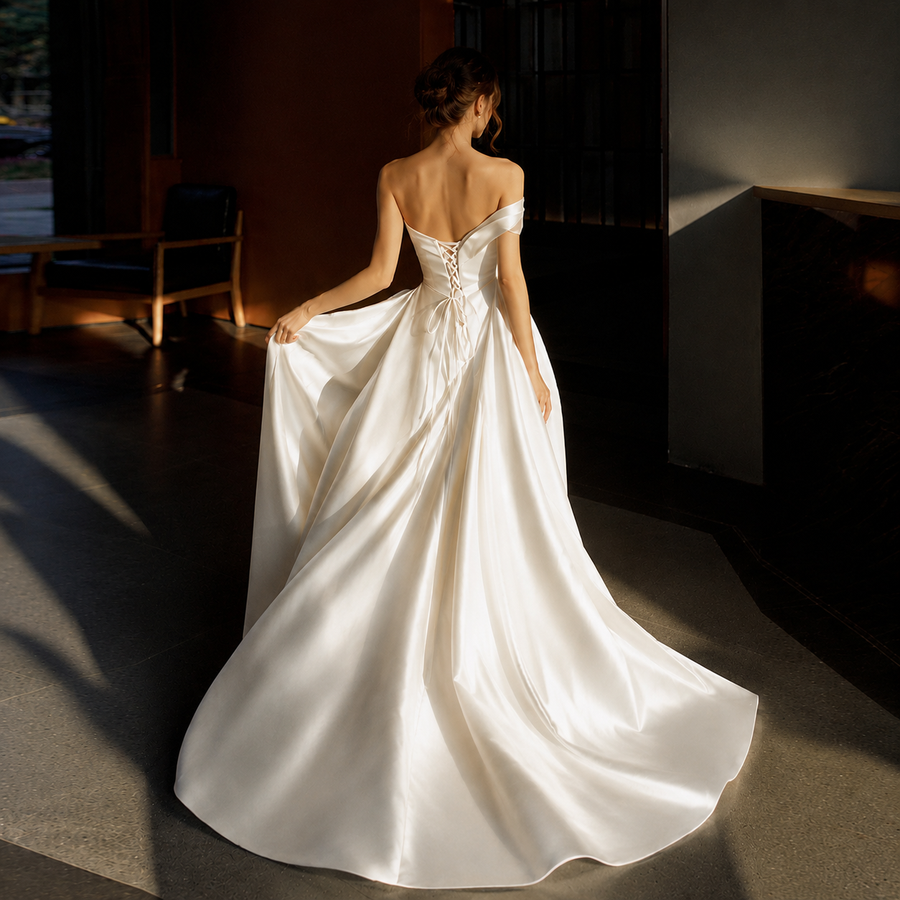 Ivory Sculpted Satin Bridal Gown - Asymmetrical Draped Couture Wedding Dress with Cathedral Train