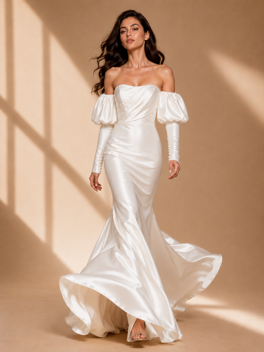 Elegant pearl satin off-shoulder mermaid wedding guest dress with puff sleeves and fishtail hem