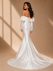Elegant pearl satin off-shoulder mermaid wedding guest dress with puff sleeves and fishtail hem