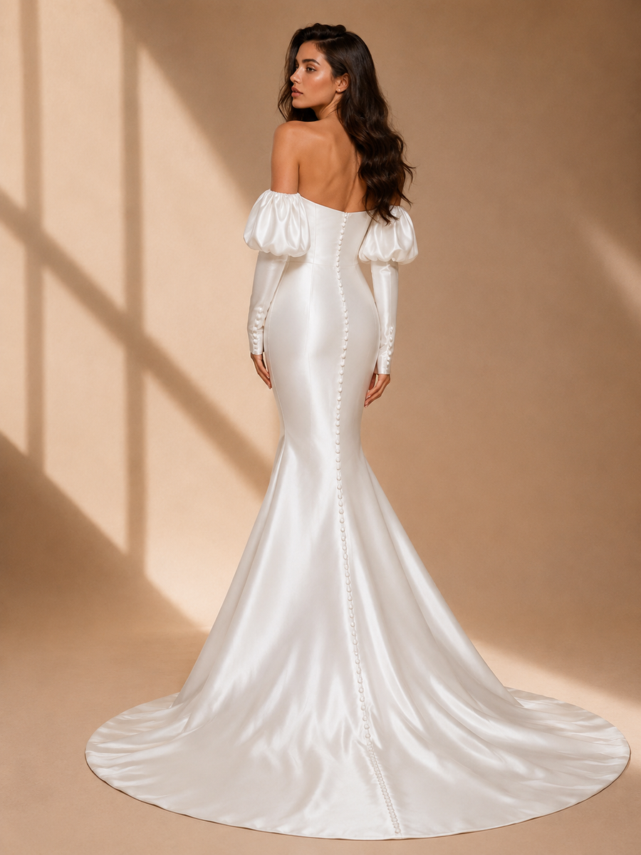 Elegant pearl satin off-shoulder mermaid wedding guest dress with puff sleeves and fishtail hem