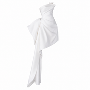 Ivory Sculpted Asymmetric Mini Dress - Couture Draped High-Low Statement Gown