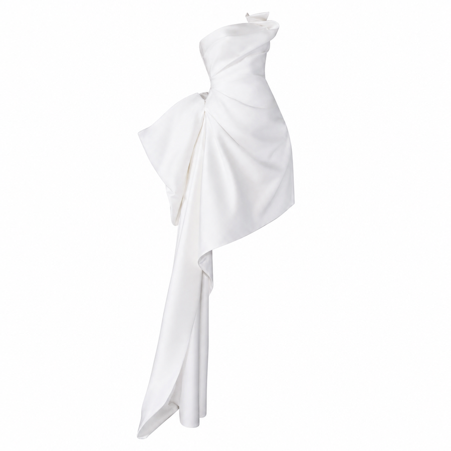 Ivory Sculpted Asymmetric Mini Dress - Couture Draped High-Low Statement Gown