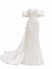 Pearl Draped Off-Shoulder Mermaid Wedding Dress - Couture Beaded Bridal Gown with Satin Puff Sleeves