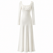 Ivory satin wedding guest dress with floral appliqué and long sleeves