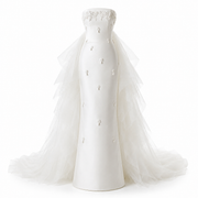 Ivory pearl satin wedding dress with sculpted floral appliqué and detachable tulle train
