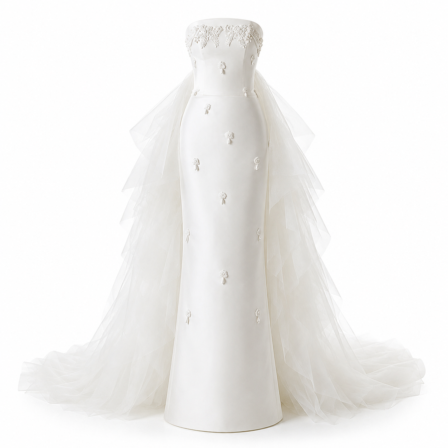 Ivory pearl satin wedding dress with sculpted floral appliqué and detachable tulle train