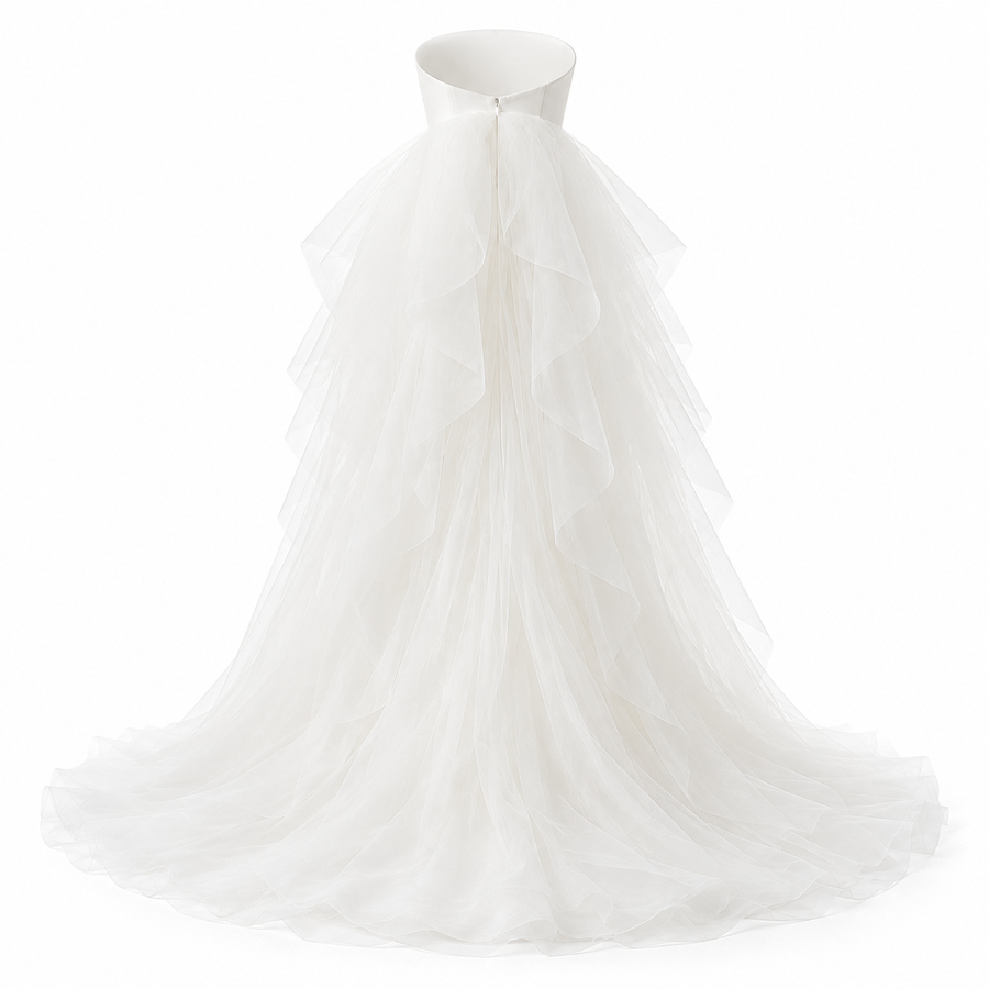 Ivory pearl satin formal wedding guest dress with sculpted floral appliqué and detachable tulle train