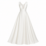 Ivory satin wedding guest dress with deep V-back and elegant waist pleating