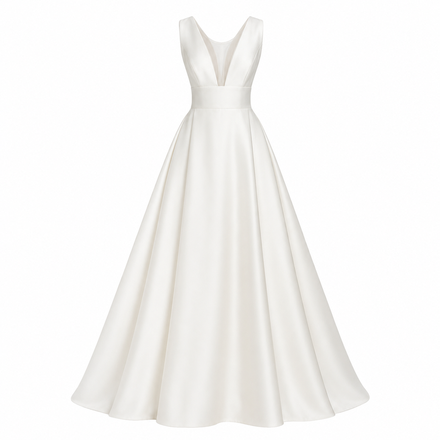 Ivory satin wedding guest dress with deep V-back and elegant waist pleating