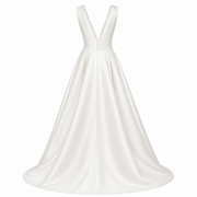 Ivory satin deep V-back wedding guest dress with elegant waist pleating and flowing skirt