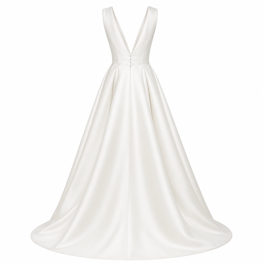 Ivory satin deep V-back wedding guest dress with elegant waist pleating and flowing skirt
