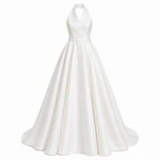 Ivory Satin Halter Wedding Gown - Minimalist Open Back A-Line Bridal Dress with Chapel Train