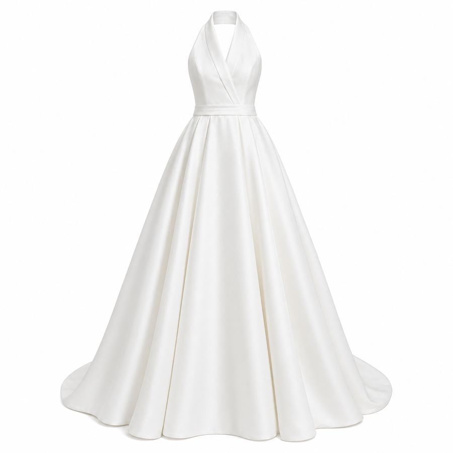 Ivory Satin Halter Wedding Gown - Minimalist Open Back A-Line Bridal Dress with Chapel Train