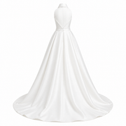 Ivory Satin Halter Wedding Gown - Minimalist Open Back A-Line Bridal Dress with Chapel Train