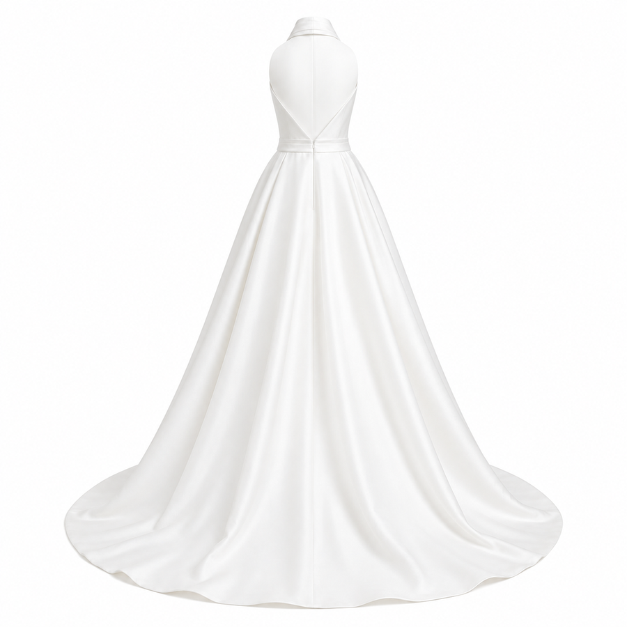 Ivory Satin Halter Wedding Gown - Minimalist Open Back A-Line Bridal Dress with Chapel Train