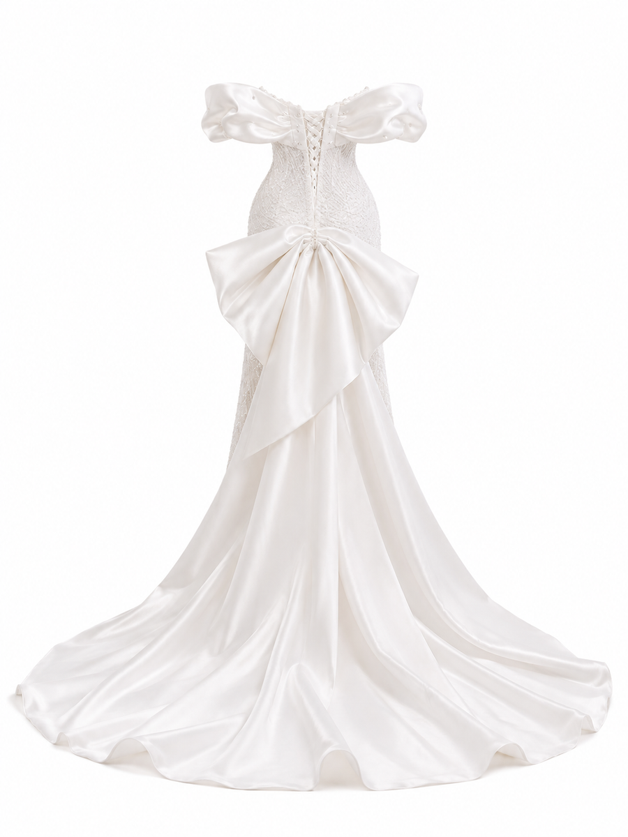 Pearl Draped Off-Shoulder Mermaid Wedding Dress - Couture Beaded Bridal Gown with Satin Puff Sleeves