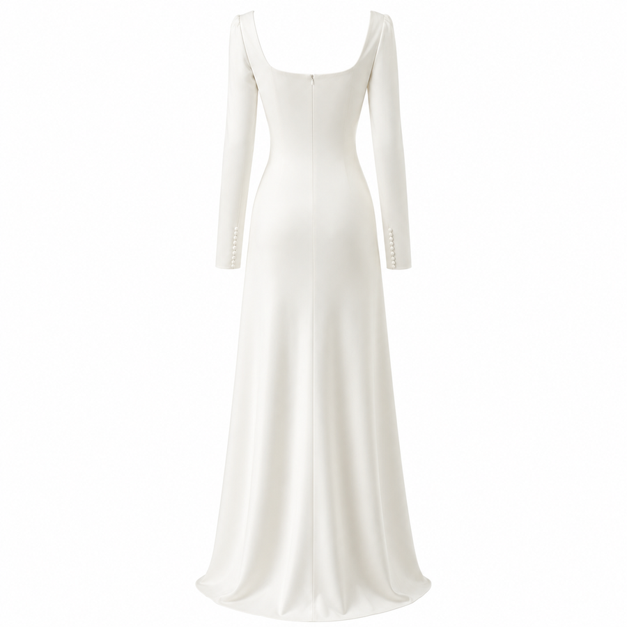 Ivory satin wedding guest dress with floral appliqué and long sleeves
