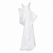 Ivory Sculpted Asymmetric Mini Dress - Couture Draped High-Low Statement Gown