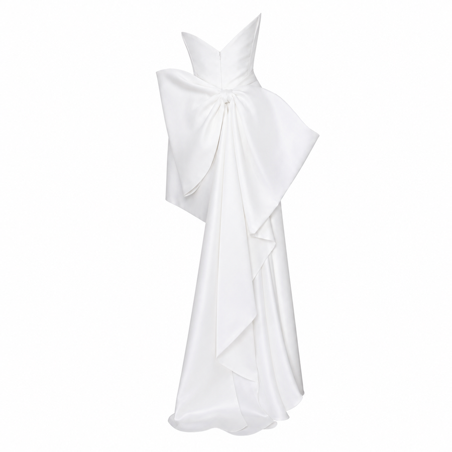 Ivory Sculpted Asymmetric Mini Dress - Couture Draped High-Low Statement Gown