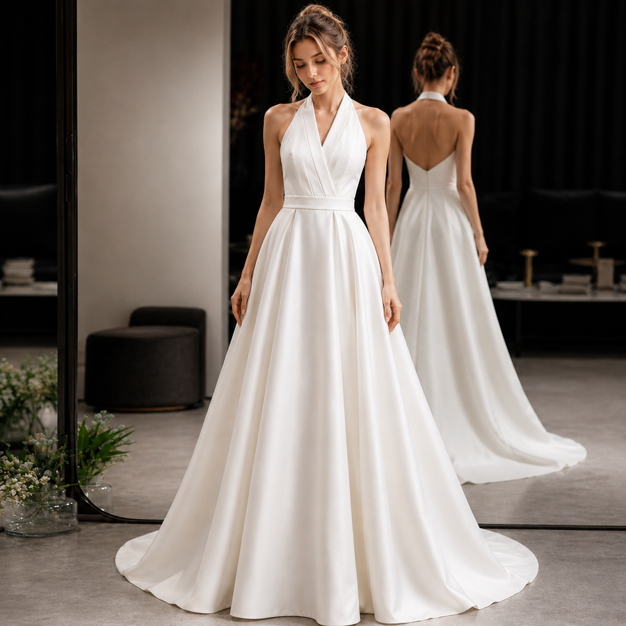Ivory Satin Halter Wedding Gown - Minimalist Open Back A-Line Bridal Dress with Chapel Train