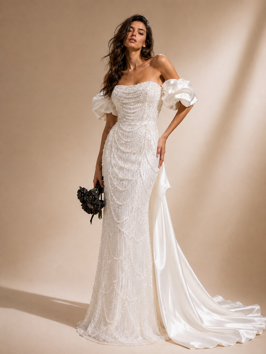 Pearl Draped Off-Shoulder Mermaid Wedding Dress - Couture Beaded Bridal Gown with Satin Puff Sleeves
