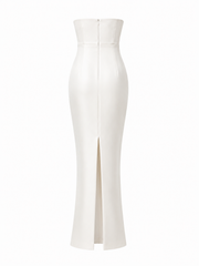 Ivory satin strapless evening gown with bow detail and column silhouette