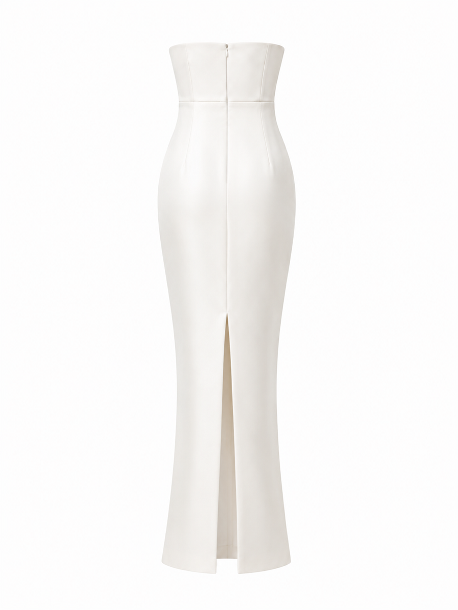 Ivory satin strapless evening gown with bow detail and column silhouette