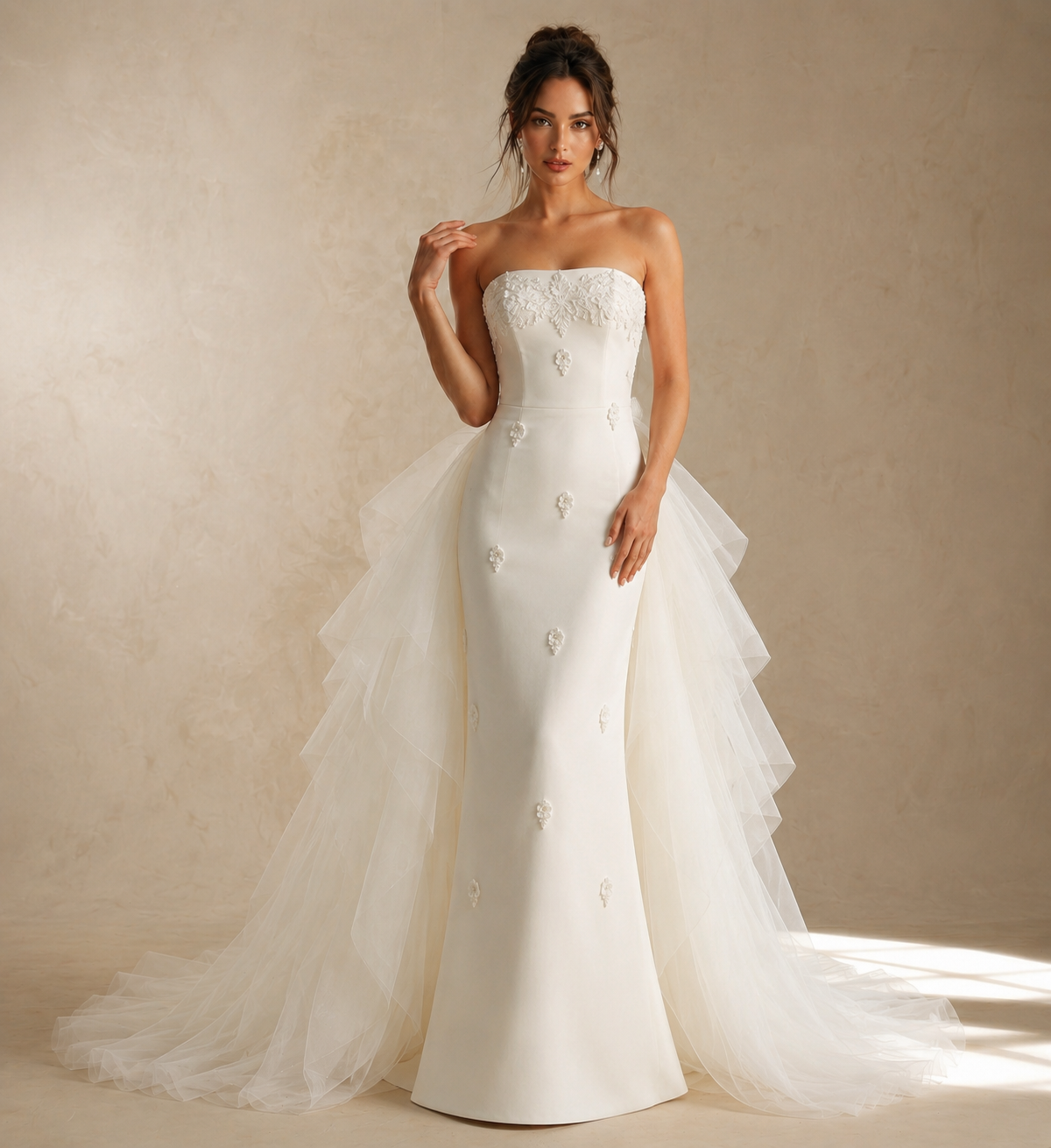 Ivory Pearl Satin Bridal Gown with Detachable Tulle Train - Sculpted Floral Appliqué Wedding Dress