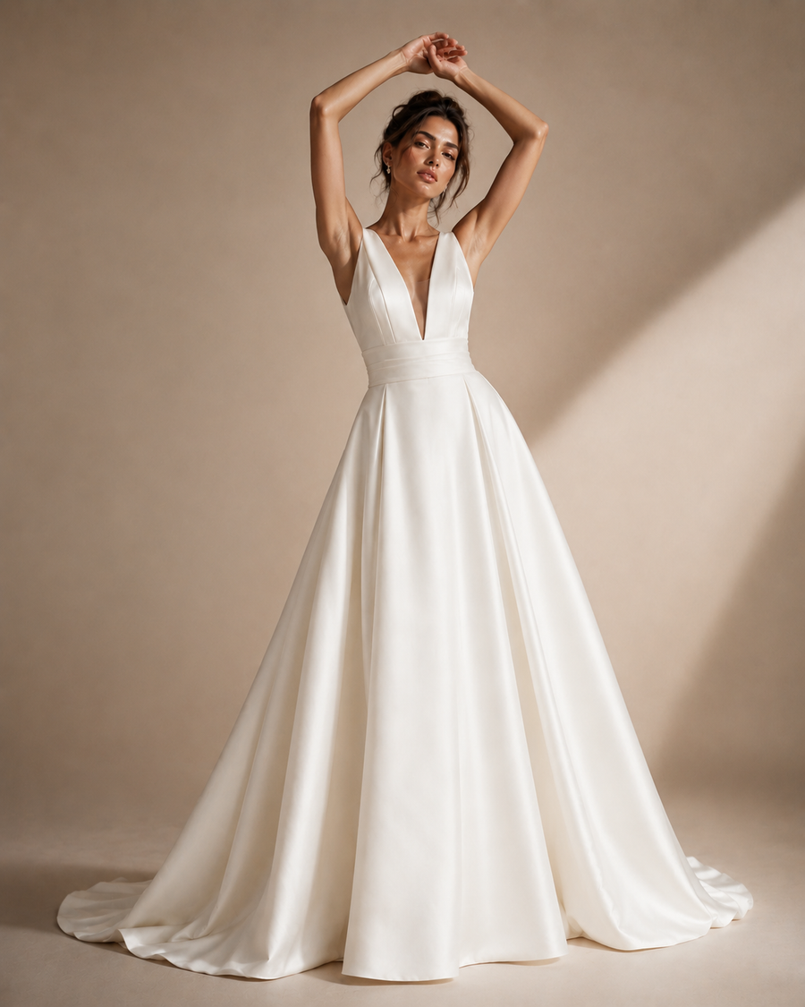 Ivory satin wedding guest dress with deep V-back and sculpted waist pleating