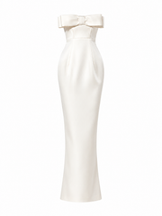Ivory satin strapless evening gown with sculpted neckline and elegant bow detail
