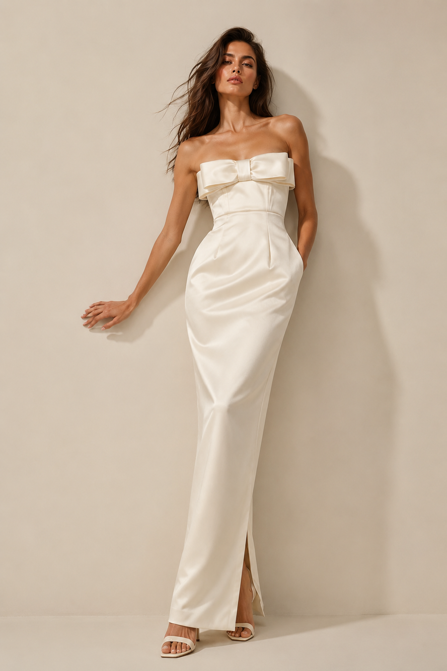 Ivory satin strapless evening gown with sculpted neckline and elegant bow detail