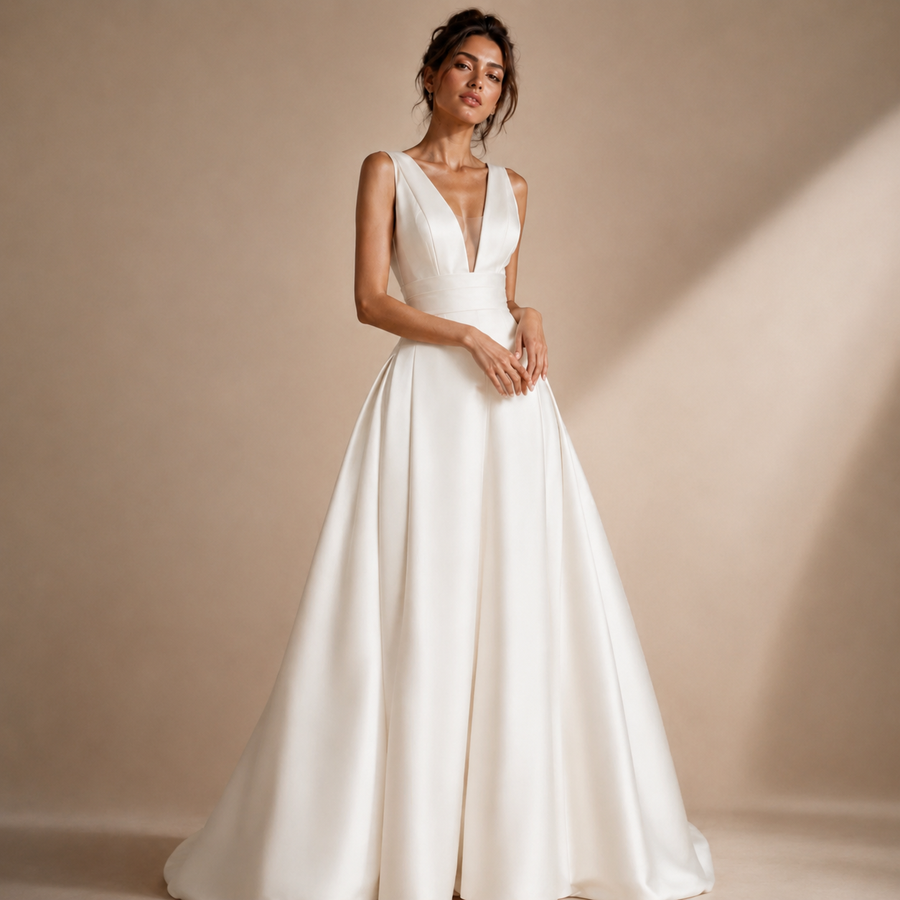 Ivory satin deep V-back wedding guest dress with elegant waist pleating and flowing skirt